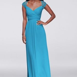 David's Bridal Long Mesh with Cap Sleeve Dress